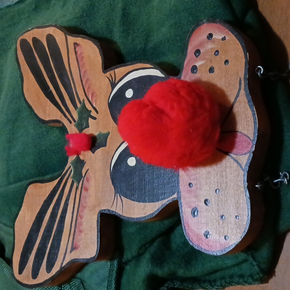 Rudolph Reindeer Christmas Decor Wood Solid Puff Nose Vintage 10x10